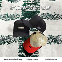 Topi Baseball 5 Panel Empat Warna Hitam 2 Tone Gaya Vintage Bordir di Bagian Bawah, Unisex, Model Dad Hat, Berbahan Suede dan Satin, Dilengkapi Gesper
