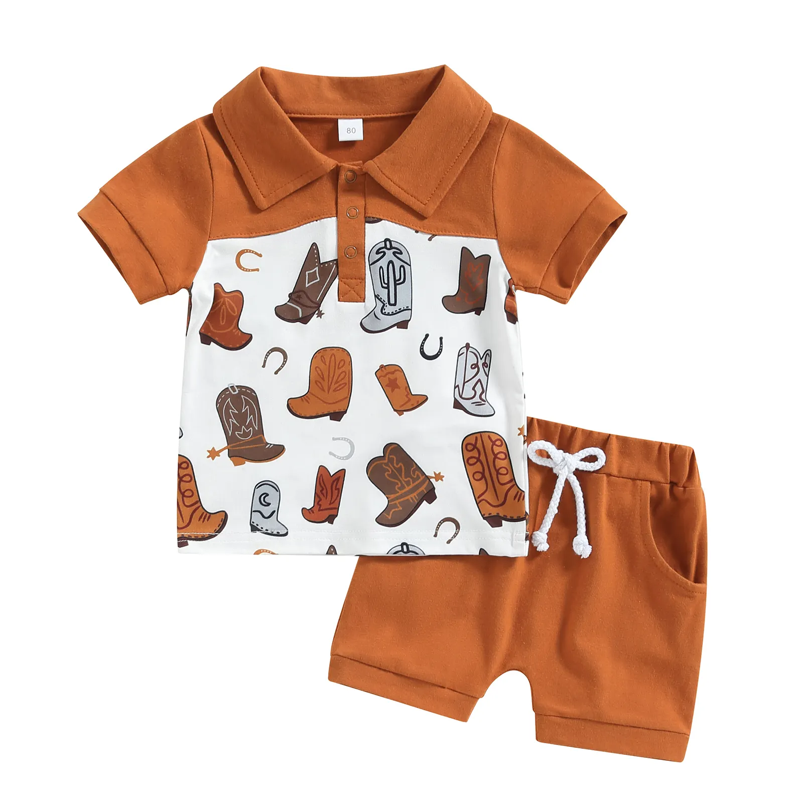 Ensemble de vêtements pour bébé garçon, mode occidentale, tenue, bottes imprimées, Polo, poche, cordon, short, bottes de Cowboy occidentales, ensemble de vêtements pour enfants