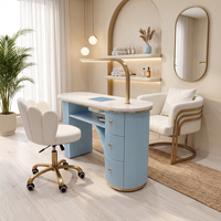 Table de manucure professionnelle avec aspirateur de poussière, plateau en marbre blanc cannelé bleu, finition dorée, mobilier de salon de manucure avec chaise, OEM