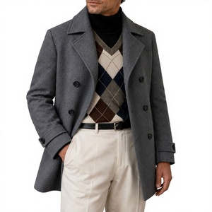 Manteau en laine croisé pour homme, à revers crantés, long, épais, à manches classiques, en tissu tissé, gris - Product Image 1