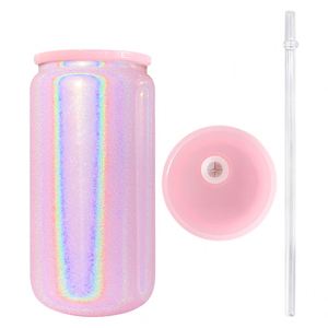 Vaso de Vidrio Holográfico Brillante de 16 oz con Pajita de Plástico para Sublimación - Product Image 2
