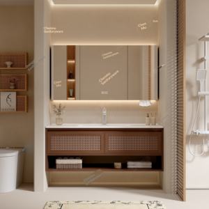 Meuble de salle de bain mural anti-buée en chêne rouge tressé en rotin style Wabi-sabi avec lavabo en céramique intégré et toilettes combinées - Product Image 2