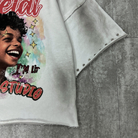 Nouveau T-shirt Homme Distressed en Molleton Lourd Oversize à Imprimé Graphique Personnalisé, Court, Strass, Délavé à l'Acide, Coupe Boxy