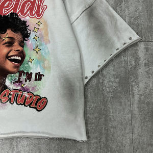 新品ディストレスヘビーウェイトフレンチテリー特大プリントグラフィックTシャツカスタムクロップドラインストーン酸ウォッシュボクシーtシャツ男性 - Product Image 4