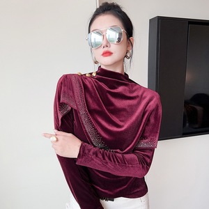 Nouveau haut à manches longues en velours doré pour <span class=keywords><strong>femme</strong></span>, style étranger, avec strass thermocollés, idéal pour l'automne et l'hiver - Product Image 1