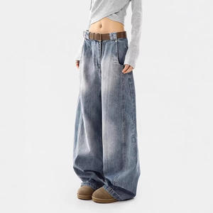 Spring Autumn New Scimitar Low Denim Jeans <b>Men</b> Women American Style Trendy Brand Retro Washed Distressed Loose Casual Straight - Product Image 2