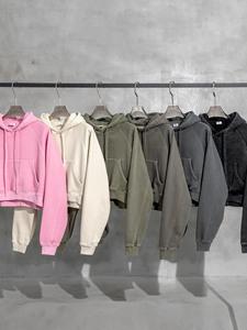 Sweat-shirt à capuche surdimensionné et court en coton 100% personnalisé, style streetwear vieilli, épaules tombantes, pour l'automne, en tissu tissé - Product Image 2