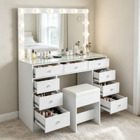Grande table de maquillage moderne blanche avec miroir éclairé, tabouret rembourré et 10 tiroirs multi-rangements
