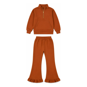 Conjunto de 2 piezas informal para niñas: Sudadera con cremallera de manga larga de color liso y pantalones acampanados - Product Image 4