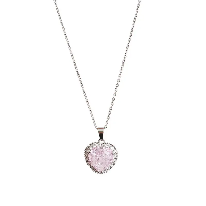 Valentijnsdag Cadeau Roestvrij Staal Sleutelbeen Ketting Romantische Roze Zirkoon Diamant Gebroken Hart Hanger