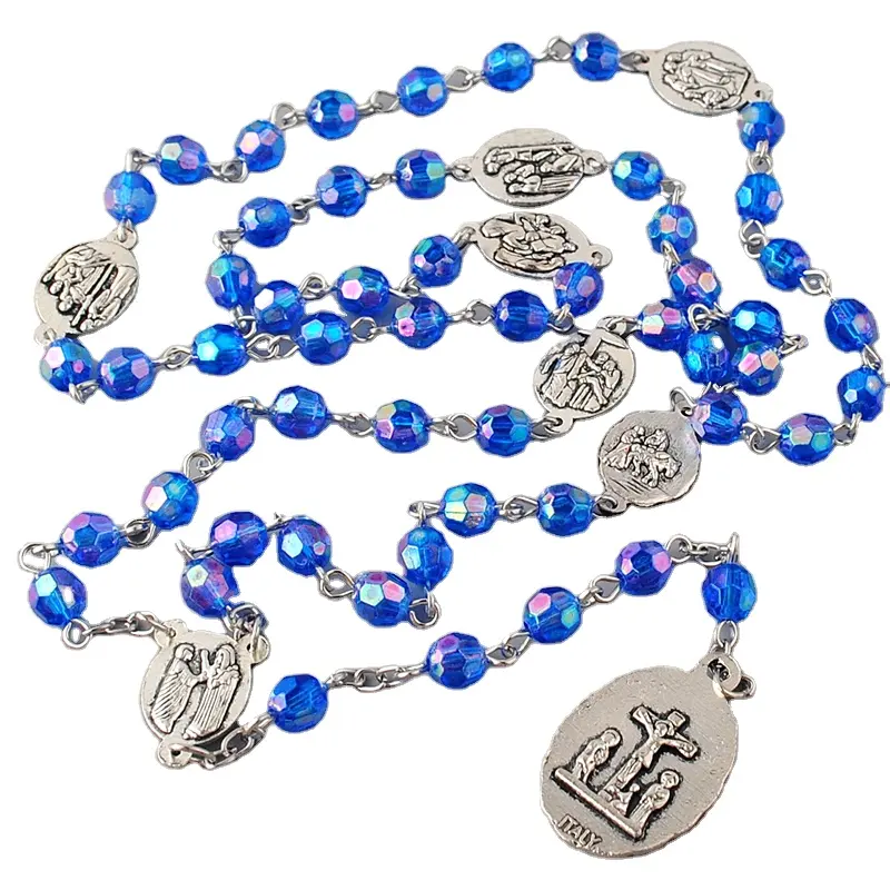 Kingme CRN002 Sieben Leiden von Mary Rosenkranz Chaplet Blue Acryl Perlen Katholische Halskette Religiöser Schmuck