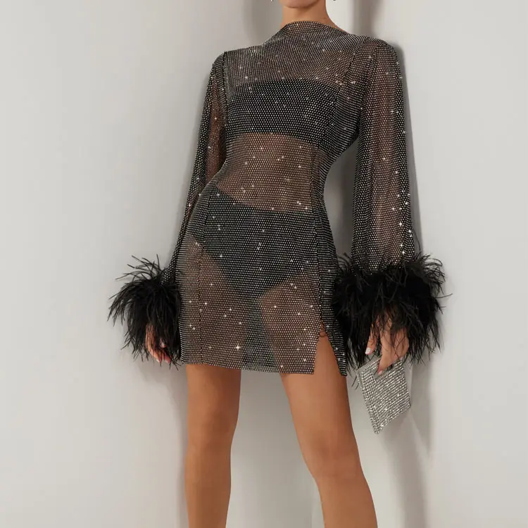 2023 diseñador negro diamantes de imitación malla vestidos de fiesta mujeres manga larga rejilla pluma recortada Mini vestido de malla de diamantes de imitación