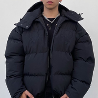 Veste d'hiver à capuche zippée noire en polyester imperméable pour homme, taille plus, motif tricoté, broderie, avec capuche amovible