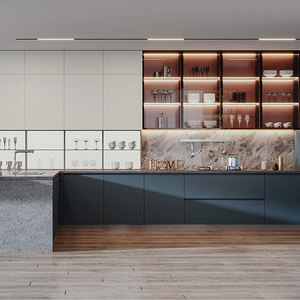 Mobile da <span class=keywords><strong>Cucina</strong></span> in Truciolato Melaminico Bianco e Grigio Scuro con Anta in Vetro e Illuminazione a LED - Product Image 1