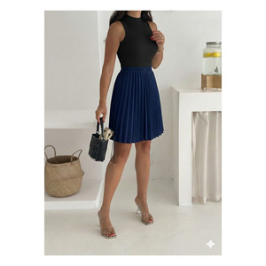Women's <b>Navy</b> Blue Pleated Mini <b>Skirt</b> Elastic Waist <b>Satin</b> Fabric 45 Cm Length - Product Image 1