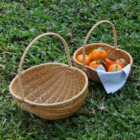 Multifunctionele grote ecovriendelijke waterdichte handgeweven vierkante fruitmand met PP rotan handvatten voor picknickgebruik