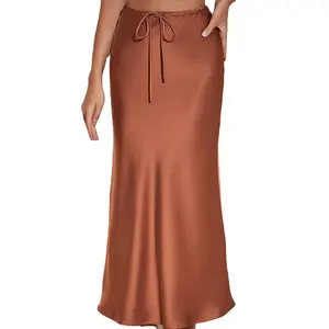 YingTang satin long skirt high waist drawstring tie solid color skirt Fishtail Maxi Skirt