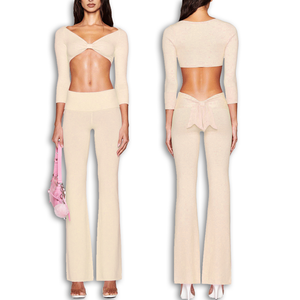 Của Phụ Nữ Siêu Crop Top Và loe Dệt Kim Quần 3/4 Chiều Dài Tay Áo Phía Trước <span class=keywords><strong>Bow</strong></span> Tie Top Gấp <span class=keywords><strong>Bow</strong></span> Trở Lại Cho Mùa Hè Hai Mảnh Thiết Lập - Product Image 2