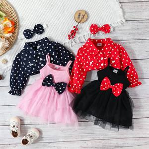 Européen Ins coton 3 pièces ensemble tout-petits filles simple boutonnage à manches longues haut à pois revers licou nœud jupe vêtements pour <span class=keywords><strong>Kis</strong></span> - Product Image 1