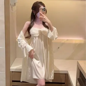 Hai Mảnh Phù Dâu Mặc Quần Áo Gown Satin Đồ Ngủ Sang Trọng Valentine Ren Băng Lụa Quần Áo Ngủ Áo Choàng Bộ Cho Phụ Nữ