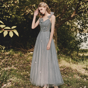 Elegant Strapless A-Line Evening Dress Gray Floral Print Empire Waistline Midi Length For Bridesmaids - Product Image 3
