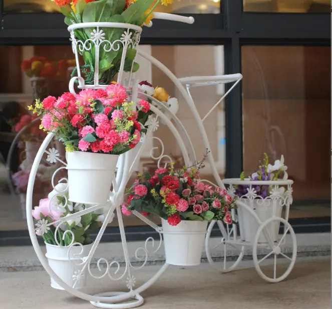 Garden Car Flower Pot Holder Iron Bicycle Display Stand Decor Garden And Flower Shop With Basket