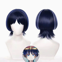 Perruque Cosplay Wanderer Bleue à Pompon, Fibre Haute Température Résistante à la Chaleur, Cheveux Courts et Raides, Anime, Densité 150%, Ligne de Cheveux Naturelle