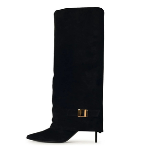 Thin <b>High</b> Heel Pointed Toe Overlay Shoes Dress Stiletto Pants Suede Boots Women's Folded Over Metal Decor <b>Knee</b> <b>High</b> Booties - Product Image 2