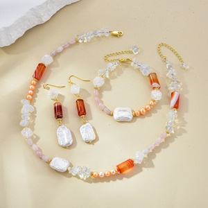 Women's Summer Bohemian Style Agate and Rose Quartz Jewelry <b>Set</b> with Necklace Earrings <b>Bracelet</b> Trendy - Product Image 1