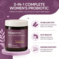 TRIBIOTIC Probiotique pour femmes 50 milliards d'UFC avec prébiotiques et postbiotiques Soutient la santé intestinale, immunitaire et vaginale 30 capsules végétales