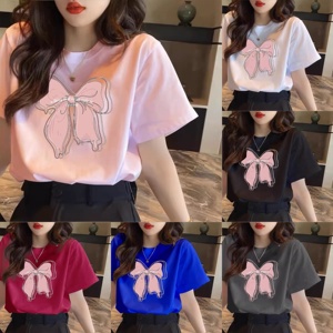<span class=keywords><strong>T</strong></span>-<span class=keywords><strong>shirt</strong></span> d'é<span class=keywords><strong>t</strong></span>é 100 % coton à manches courtes pour femme avec magnifique imprimé nœud et strass 3D, taille XXS, respirant, coupe ample, avec logo - Product Image 1