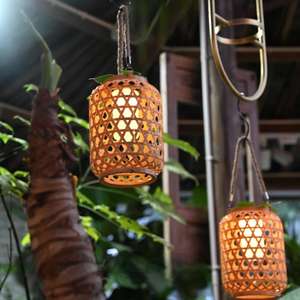 Lanterne en bambou tressé imitation solaire DC imperméable pour jardin extérieur, lampe décorative en bois, lustre LED portable - Product Image 4