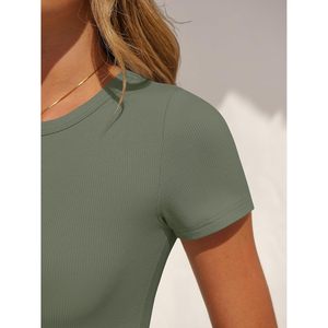 FOXA Women's Short Sleeve Bodysuit Crew <b>Neck</b> Slim Fit Ribbed Knit Stretchy Tops For Daily Wear - Product Image 5