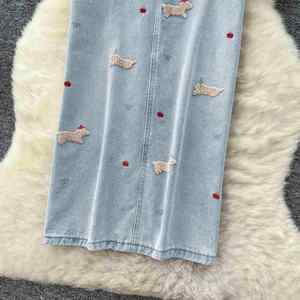 Jupe droite en jean brodée pour femme, taille empire, respirante, antistatique, durable, séchage rapide, 260g – Collection Été 2025 - Product Image 3