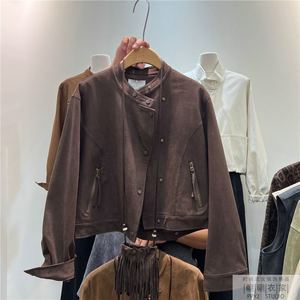 Haut de manteau classique à boutons inclinés en daim rétro <span class=keywords><strong>pour</strong></span> femme, <span class=keywords><strong>petite</strong></span> stature, haut de gamme, manteau court de moto décontracté - Product Image 4