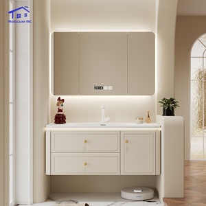 White bathroom vanity fresh and elegant smart mirror cabinet PVC waterproof cabinet body - Product Image 1