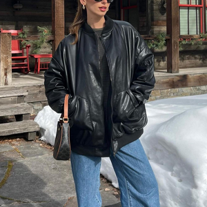 Giacche in ecopelle da <span class=keywords><strong>donna</strong></span> con <span class=keywords><strong>Bomber</strong></span> da Baseball oversize in Pu <span class=keywords><strong>lungo</strong></span> Design personalizzato di moda Vintage - Product Image 3