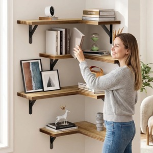 L Shaped <b>Wall</b> Shelf Wood And Iron <b>Corner</b> Bookshelf For Living Room Storage Organization - Product Image 2