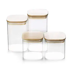 现货竹盖方形玻璃储物罐厨房面粉意大利面香料罐透明玻璃罐
