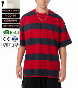 เสื้อยืดสตรีทแวร์ผู้ชาย ลายทางแนวนอน ตัวใหญ่ คอกลม ทรงหลวม ใส่สบาย สำหรับฤดูร้อน แขนสั้น ใส่ได้ทุกวัน - Product Image 1