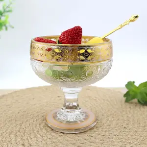 370ml Luxury Middle East Style Gold decal Glass Fruit Bowl With Stand ice cream bowl glass bowl