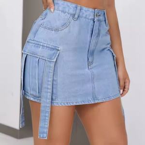 Mini-jupes d'été personnalisées avec logo, taille haute élastique, en jean de coton pour femmes, vente en gros - Product Image 2