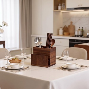 Organisateur de couverts en bois haut de gamme avec design carré, support de rangement de cuisine multi-compartiments pour cuillères et fourchettes, en vente - Product Image 1