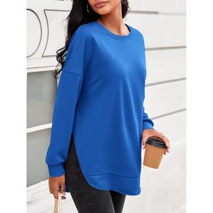 Fisoew Women's Crewneck Sweatshirt Long Sleeve Drop Shoulder Loose Fit With Pockets <b>Navy</b> Blue Casual <b>Top</b> - Product Image 3