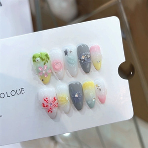Uñas Postizas Hechas a Mano, Cortas, Medianas, Forma Almendrada, Uñas de Lujo con Diseño de Flores 3D, Uñas Francesas Reutilizables Únicas con Punta Francesa - Product Image 6