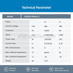 Ventilateur centrifuge de refroidissement R2D225-RA26-11 225mm 400V AC 0.27/0.33A 150/200W avec pales en plastique pour onduleur Siemens OEM - Product Image 3