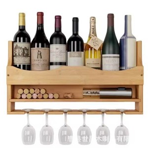 Estante de vino de madera para montar en la pared, de pino, de 1 nivel, con soporte para copas, para almacenamiento y exhibición en la cocina del hogar. - Product Image 5