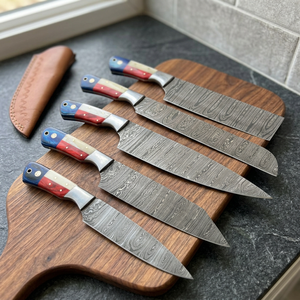 Juego de Cuchillos de Cocina de Acero de Damasco de 5 Piezas con Mango de Madera, Cuchillos de Chef de Hoja Recta, Hoja Pulida, Ambidiestros, Alta Calidad, 58-60HRC - Product Image 1
