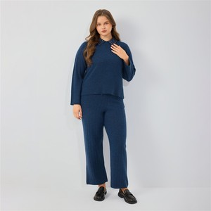 Custom Women Autumn <strong>Clothes</strong> 2026 Blue Rib-Knit Elastic Waist Wide-Leg <strong>Pants</strong> Regular Fit Casual Loungewear with Deep Pockets - Product Image 4