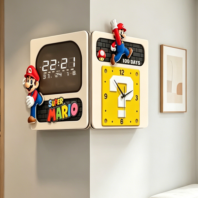 Super Mario Art Deco Corner Wall Clock-Dual-display Digital LED Clock with Temperature and Humidity Display for Living Room